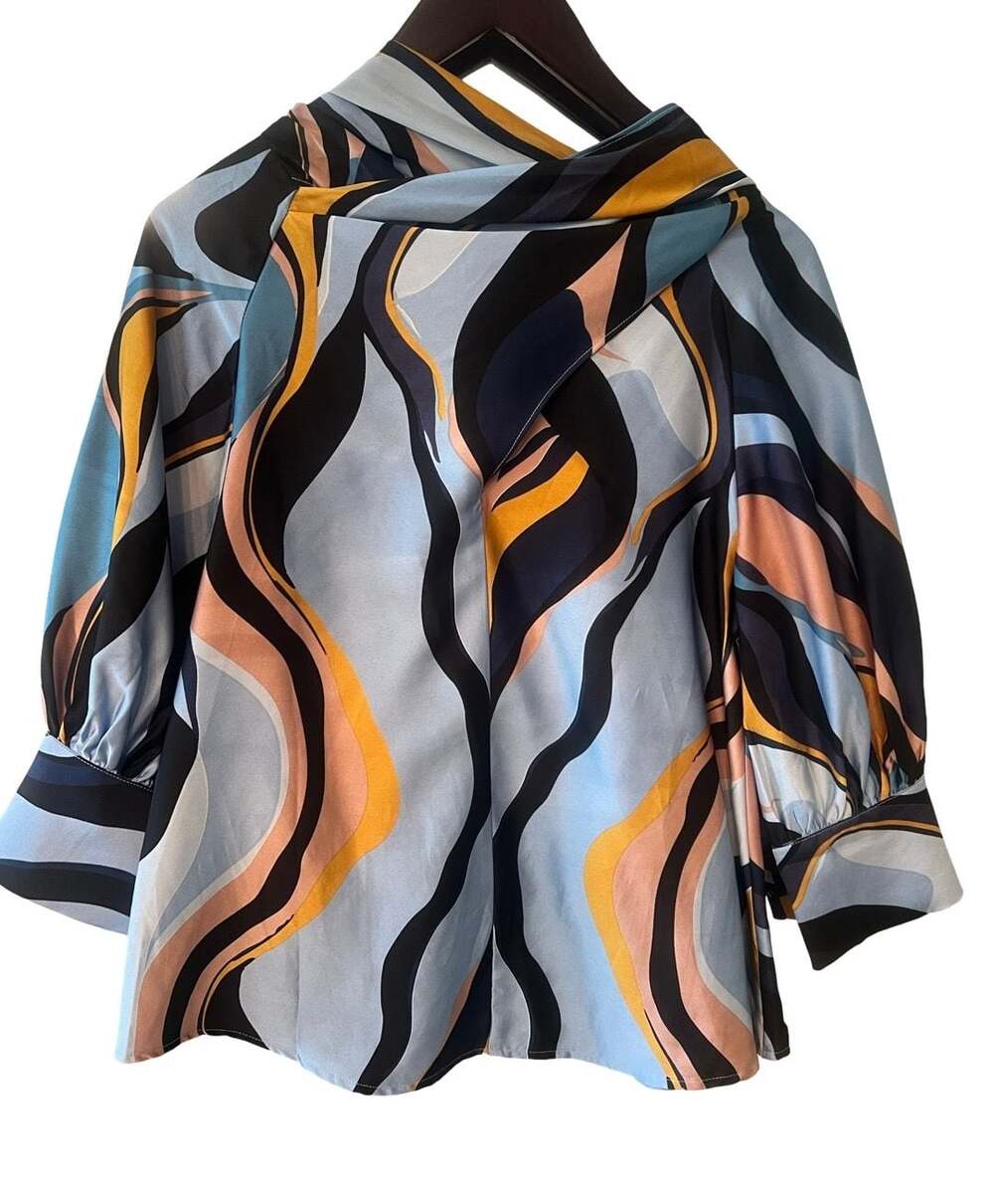 Entro Satin Abstract Print Blouse Size S Blue Multicolored
